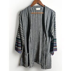 Boho Southwest Sweater L Black Striped Long Midi Cardigan Duster Vtg.          N